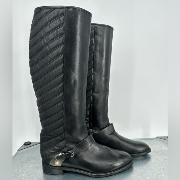Stuart Weitzman Leather Riding Boot with Buckle Pointed Toe Flat- Raceway Quilt